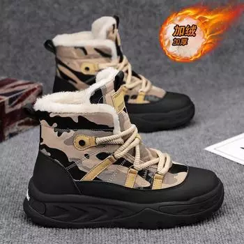 Men s shoes winter velvet high-top Martin boots men s tooling shoes trendy mountaineering thick-soled thickened warm cotton shoes short boots 39 чёрный