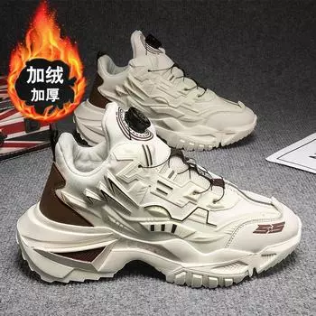 Men s shoes winter versatile velvet thickened teenagers running non-slip heightening mecha style casual sports dad trendy shoes 39