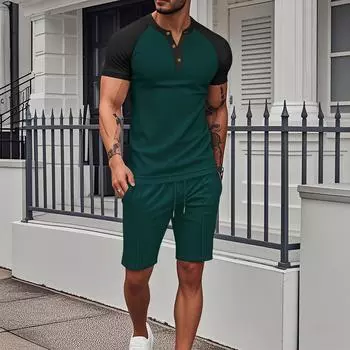 Men s Short Sleeved Shorts Suit Men s Color Matching Casual Round Neck Short Sleeved Shorts Suit M