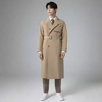 Мужской однобортный длинный тренчкот, ветрозащитное классическое пальто с лацканами и поясом M хаки