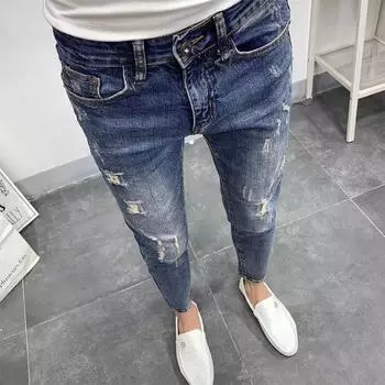 Men s Slim-Fit Retro Distressed Skinny Jeans - Autumn Fashion Casual Nine-Point Pants 34 синий