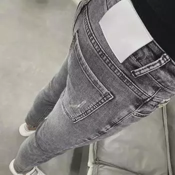 Men s Slim-Fit Smoky Gray Elastic Jeans - Spring/Summer Trendy Casual 9-Point Pants 28 (Recommended 90-105 jin)