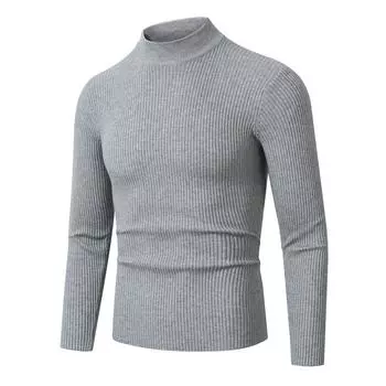 Men s Slim-fit Striped Semi-turtleneck Long-sleeved Sweater Business Casual Knitted Bottoming Shirt M серый