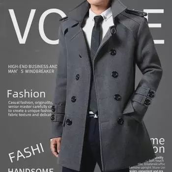 Men s Slim Woolen Double-Breasted Trench Coat - Korean Style, Mid-Length, Autumn/Winter 2022 British Design 4XL