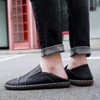Мужские мокасины без застежек, мокасины для вождения, повседневные лоферы, ретро-обувь ручной работы из кожи, черные широкие туфли для папы, большой размер 38 чёрный