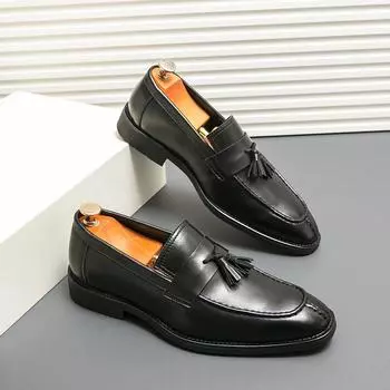 Мужские кожаные туфли без застежек, высококачественная мужская обувь, модная повседневная обувь, деловая официальная одежда, роскошные мужские мокасины с кисточками 38 чёрный