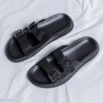 Men s Slippers 2024 Summer New Beach Shoes Black Genuine Leather Sandals Men Shoe Sandalias Hombre Slipper Slippers for Men 38 чёрный