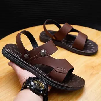 Men s slippers summer new leather surface casual fashion trend sandals leak toes two wear non-slip outdoor sandals men 38 коричневый