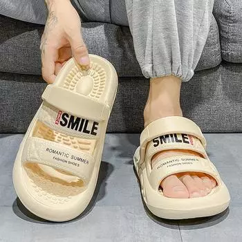 Men s slippers summer wear non-slip sports stepping on shit sandals outdoor platform youth beach sandals dual-purpose 39 бежевый