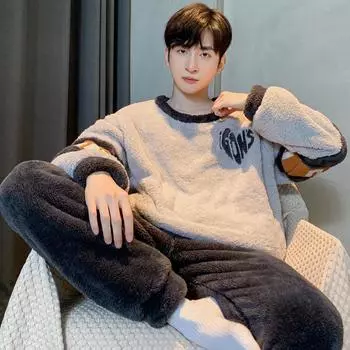 Men s Smiley Face Flannel Pajama Set - Thickened Coral Fleece for Autumn/Winter L