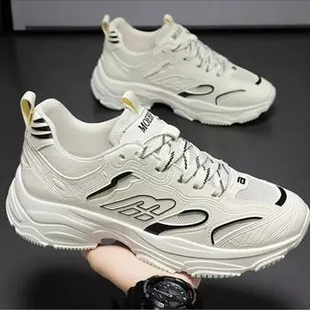 Men s Sneakers 2025 New Breathable Mesh White Shoes Korean Version Trend Thick Sole Lace-up Casual Shoes Comfort Running Shoes 39 бежевый