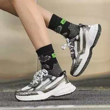 Men s Sneakers 2025 Spring Mesh Breathable Comfortable Low Top Thick Sole Height Increasing Casual Lace Up Sports Running Shoes 39 чёрный