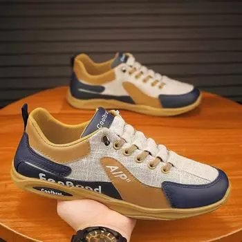 Men s Sneakers Summer 2024 New Breathable Canvas Shoes Fashion Lace Up Flat Sport Anti-skid Board Shoes Zapatillas Hombre 39 бежевый