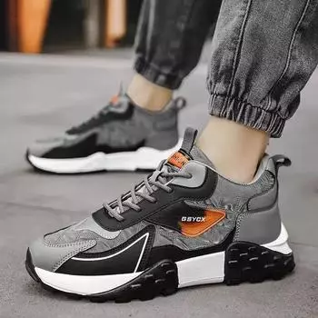 Men s Sneakers Thick Soled Trendy Casual Shoes Korean Breathable Lace Up Anti Slip Mesh Fabric Height Increasing Comfort Shoes 42 серый