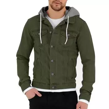 Men s Solid Color Outdoor Workwear Casual Loose Long-Sleeved Hooded Denim Jacket L