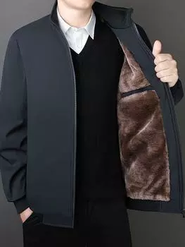 Men s Solid Color Stand Collar Winter Jacket, Long Sleeve Fleece-Lined Zip-Up Front Jacket For Outdoor Casual Wear M чёрный