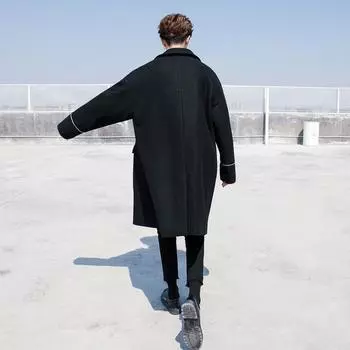 Men s Solid-color Woolen Coat, Loose Casual Men s Medium and Long Trench Coat. M чёрный