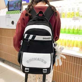 Men s Splicing Backpack Middle School Student Schoolbag Women s Large Capacity Campus Backpack розовый