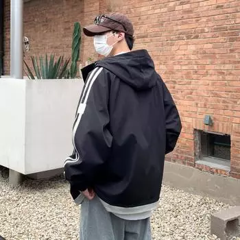 Мужская одежда с капюшоном для мальчиков на весну и осень, повседневная свободная куртка в стиле Ruffian Handsome в гонконгском стиле M чёрный
