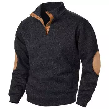 Men s Spring and Autumn Buttoned Stand Collar Sweatshirt Casual Knitted Patchwork Top S чёрный