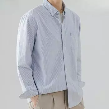 Мужской весенне-осенний хлопковый топ в полоску с отложным воротником, футболка, повседневная рубашка с длинным рукавом приталенного кроя M