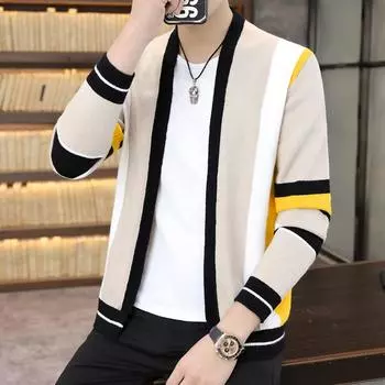 Men s Spring and Autumn Loose Casual Trend Splicing Contrasting Color V-neck Sweater Jacket Men M хаки