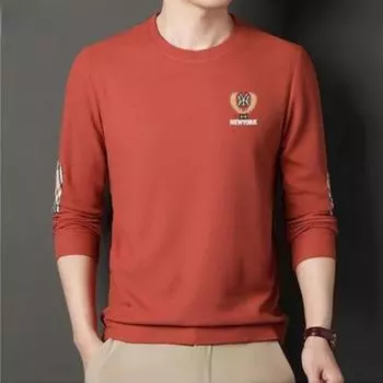 Мужская весна и осень, новая мужская футболка, молодежная однотонная рубашка с круглым вырезом и длинными рукавами, мужская одежда M