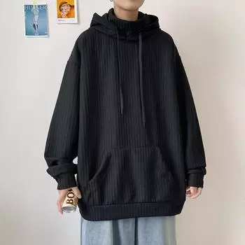 Men s Spring and Autumn Solid Color Loose Simple Sweatshirt Casual Lazy Wind Hooded Jacket 3XL чёрный