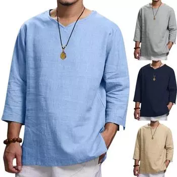 Men s Spring and Autumn V-neck Solid Color Long-sleeved Loose Shirt Casual Comfortable Breathable Shirt 4XL