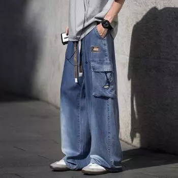 Men s Spring and Summer Thin Large-size Wide-leg Pants Loose and Versatile Men s Straight-leg Casual Work Pants M синий