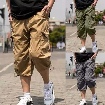 Мужские тонкие рабочие брюки больших размеров на весну и лето, однотонные укороченные брюки, свободные шорты с несколькими карманами для спорта и отдыха на открытом воздухе 5XL