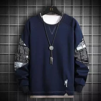 Men s Spring Long Sleeve Round Neck Pullover Sweatshirt Simple Patchwork Casual Top 4XL белый