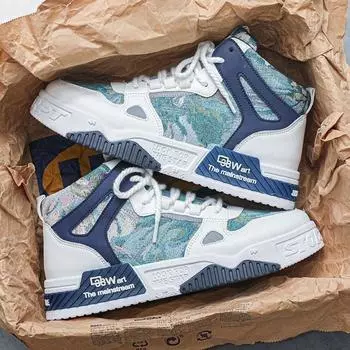 Men s Spring New Breathable High Top Canvas Shoes Fashion Trend Sports and Casual with Thick Soled and Mesh Lining 42 синий