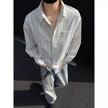 Men s Spring Stacking Long Sleeve Shirt Loose Casual Slightly Stretchy Plus Size Shirt 5XL черный белый