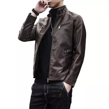 Men s Stand Collar Leather Jacket Autumn and Winter New Tops Men s Velvet Thickened Work Jacket M