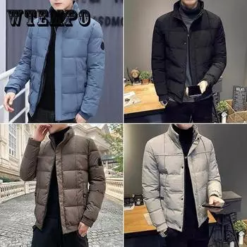 Мужская короткая зимняя куртка-пуховик с воротником-стойкой, толстая теплая хлопковая куртка из бархата, мужская свободная повседневная куртка, однотонное универсальное пальто на молнии 4XL синий