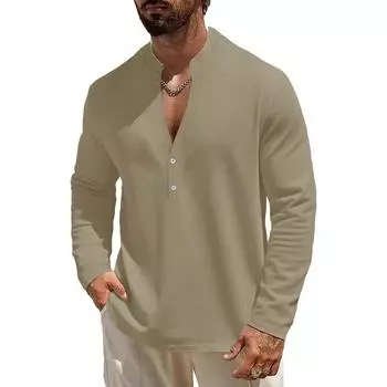Men S Standing Collar Button Up Long Sleeved Fashionable Casual Sports Top S хаки