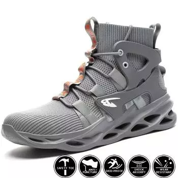 Мужская противоскользящая рабочая защитная обувь со стальным носком, устойчивая к проколам, дышащие тканые вязаные кроссовки для промышленного строительства 10.5 серый