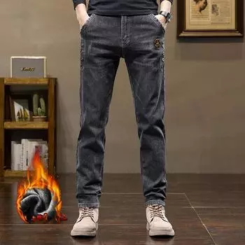 Men s Straight Leg Fleece-Lined Denim Pants, Men s Classic Design Jeans, Versatile for Autumn/Winter 28