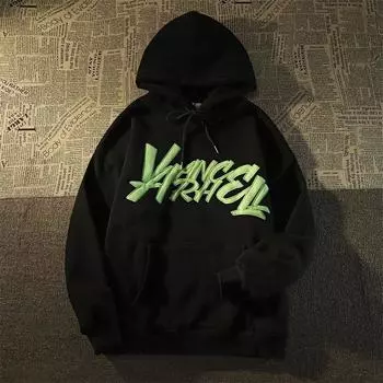 Men s Street Velvet Hooded Loose Jacket, Y2K Retro Clothing, Autumn and Winter S чёрный