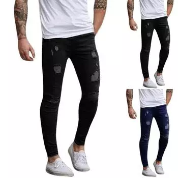 Мужские эластичные рваные байкерские джинсы скинни с узкими джинсовыми брюками с лентой L чёрный