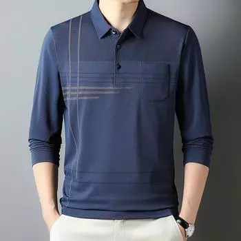Men s Striped Color Block Shirt with Chest Pocket - Casual, Comfortable Long Sleeve Top for Spring/Fall M темно-синий
