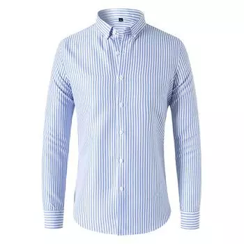 Men s Striped Long-sleeved Shirt Fashion Business Casual Slim Lapel Shirt Men 5XL озеро синий
