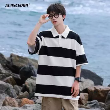 Мужская рубашка-поло в полоску, мужская футболка с короткими рукавами жемчужного цвета, новая летняя верхняя одежда с короткими рукавами и лацканами M