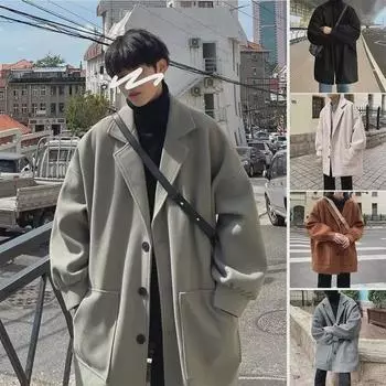 Men s Stylish Mid-Length Woolen Coat with Suit Collar - Single-Breasted Winter Jacket L чёрный