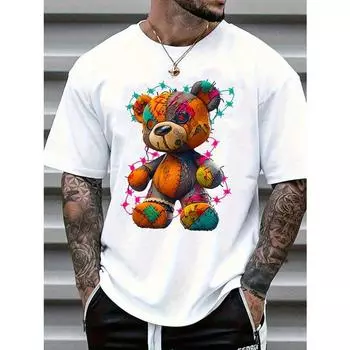 Men s Summer 100 Cotton Fashionable Casual Sports Loose Large Cartoon Teddy Bear Pattern Printed Round Neck Short Sleeve T-shirts XS