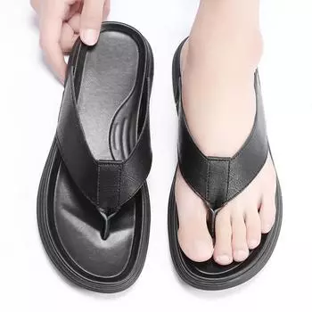 Men s Summer Beach Cool Walking Shoes Leather Male Comfortable Flip-flops Minimalist Slippers for Men 2024 New Men s Flats Shoes 38 чёрный