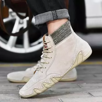 Men s Summer Breathable British Style Spring and Autumn High-Top Shoes Mid-Top Men s Short Boots Low-Top Worker Boot Genuine Leather 38 песочный