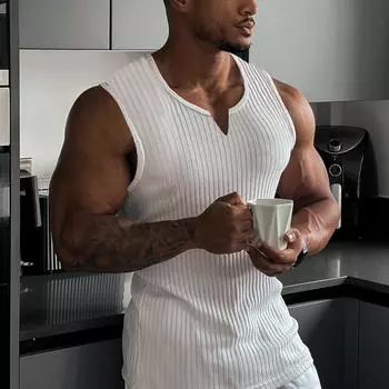 Men s Summer Casual Knitted Vertical Stripe Fitness Sports Tank Top Slim Fit Racerback V-Neck Wide-Shoulder Vest M