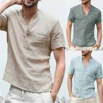 Men s Summer Cotton-Linen Stand Collar Short-Sleeve Shirt, Button-Down Casual Tee